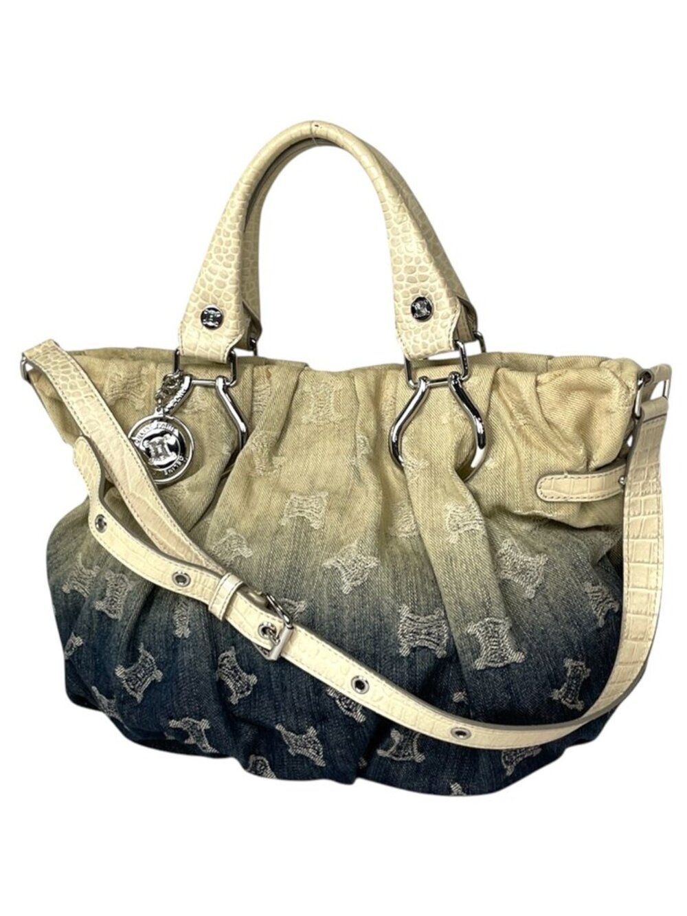 Celine Handbag Paris Macadam Pattern 2-Way Denim Blue Beige